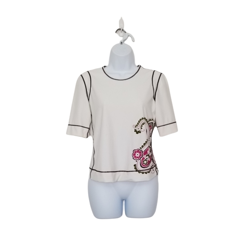 Athleta Womens Rash Guard Short Sleeve Swim Shirt Top Paisley Accent Size Small.
